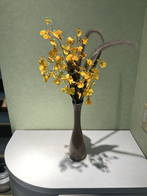 今週の院内アレンジは、鮮やかなオンシジュームを主役に、シャープなドラセナと深みのあるレッドフォックスを合わせました。華やかさとシックさが調和した、印象的なアレンジです。